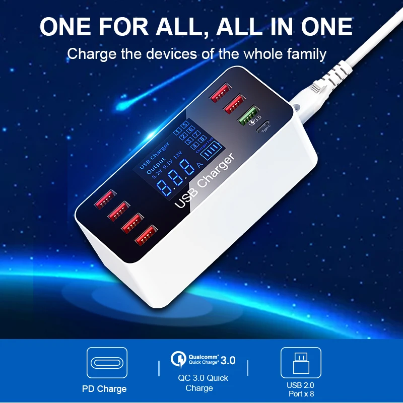 IHaitun светодиодный 8 портов 8А 40 Вт QC 3,0 USB зарядное устройство Тип C быстрое зарядное устройство для мобильного телефона для iPhone X XS samsung S10 huawei P30 Pro