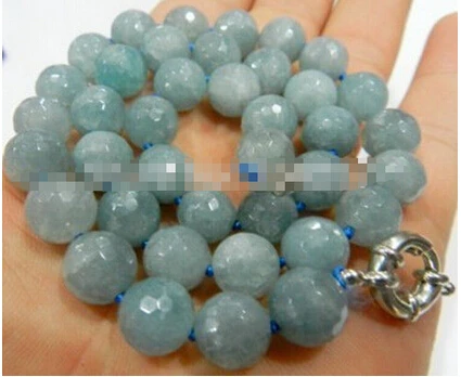 818 натуральный 10 мм граненый круглый Аквамарин бусины Necklac 18"