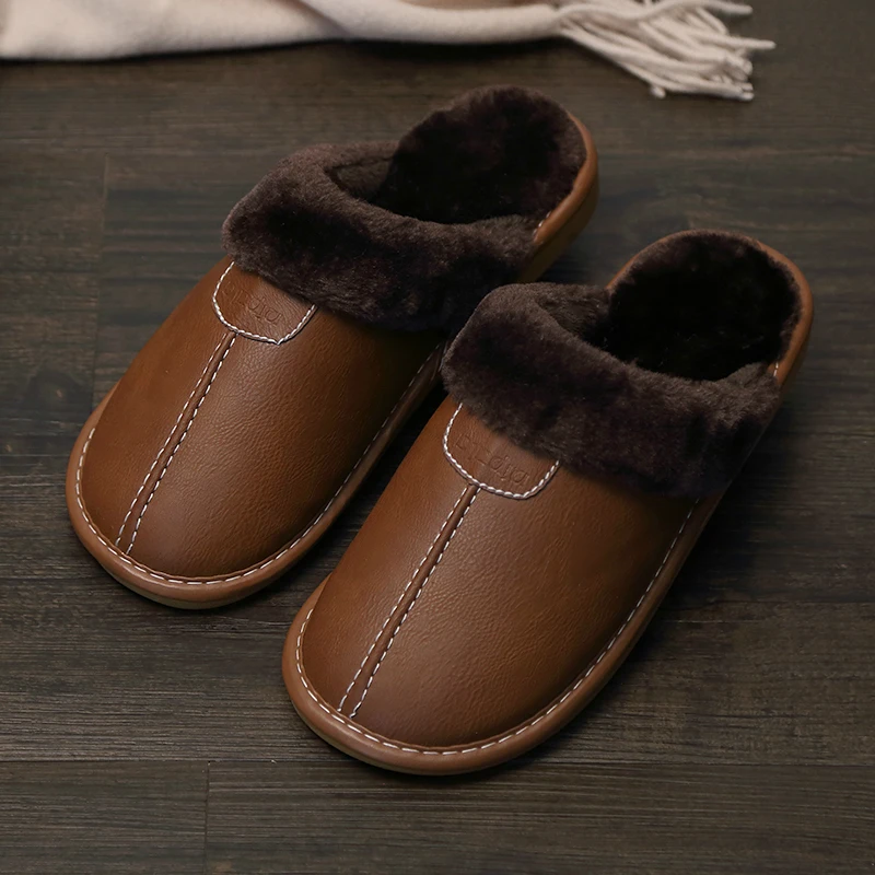 Men Winter Leather Slippers Bedroom Cotton Slippers Male Waterproof Thick Plus Velvet Indoor Warm House Home Slippers Shoes_voghion.com