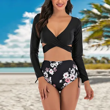

Women Printing Two Piece Plus Size Sexy Long Sleeve Halter Beach Cross Print Swimwear Set bikinis 2020 mujer Brazilian Monokini