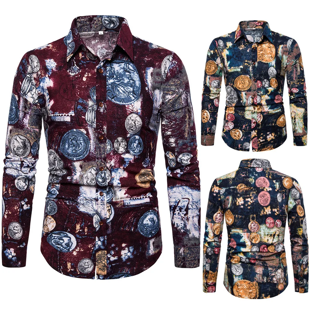 

Spring and Autumn New Pattern Square Neck Cultivate Oneself Fashion Leaf Printing Youth Men's Style Long Sleeves Shirt Men Shirt