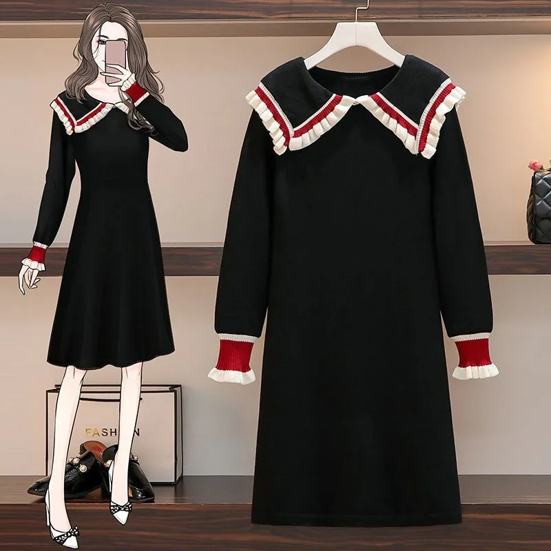 

QWEEK Women Knitted Sweater Dress Winter Plus Size Dresses for Women 2020 Korean Fashion Long Sleeve Doll Collar Sweet Dress