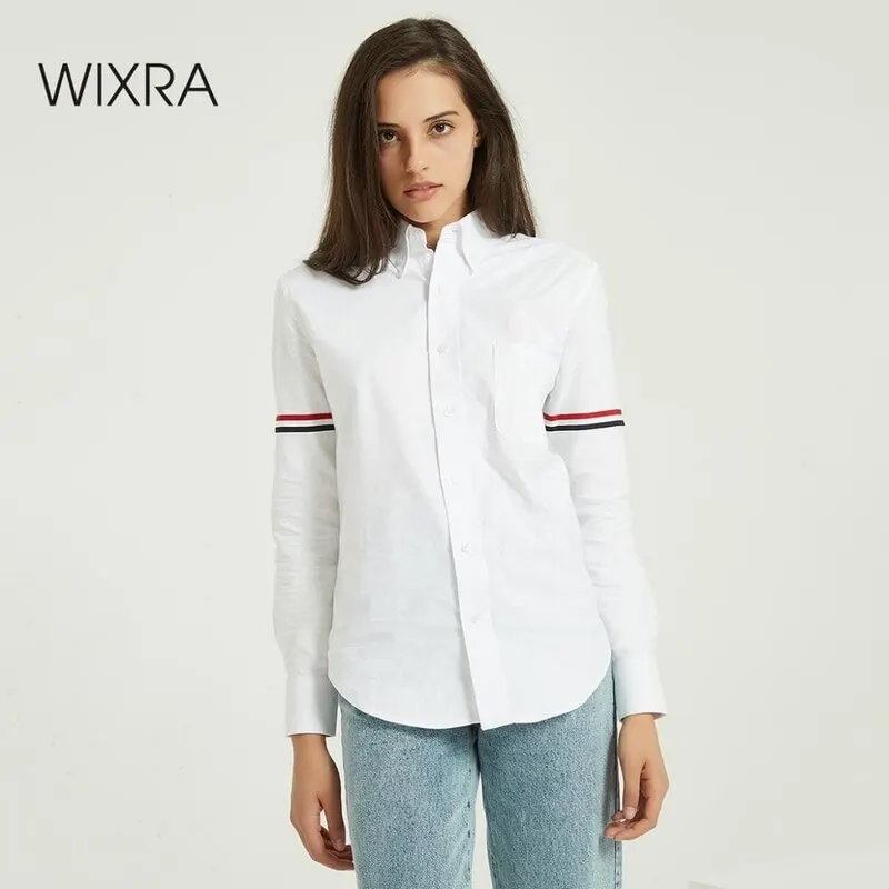 

Wixra Women Striped White Blouse Ladies Long Sleeve Basic OL Style Loose Shirts 2020 Autumn Spring Feminine Tops