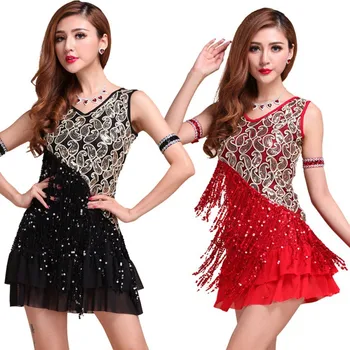 

Hot Sale Elegant Women Night Club Party Latin Dance Dress Ballroom Sequins Fringe Skirts!