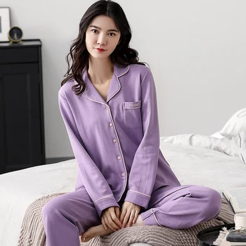 

PAJ M-4XL purple pure cotton winter pyjamas for ladies solid nightgowns women dropshipping sleepwear 2 piece set pizama damska