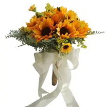 Artificial Bridal Wedding Bouquet Romantic Handmade Bright Sunflower Linen Rope Handle Satin Ribbon Church Party Home