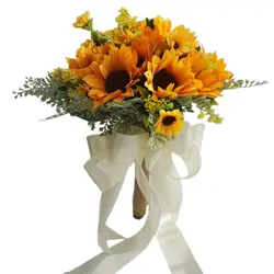 Artificial Bridal Wedding Bouquet Romantic Handmade Bright Sunflower Linen Rope Handle Satin Ribbon Church Party Home