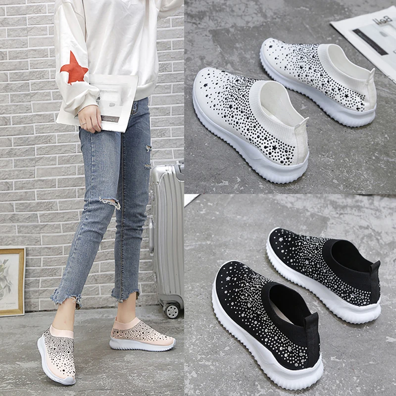 

GAOKE Women's Ladies Ankle Shoes Flat Loafers Crystal Fashion Bling Sneakers Casual Ladies Slip On Breathable Casual Shoes