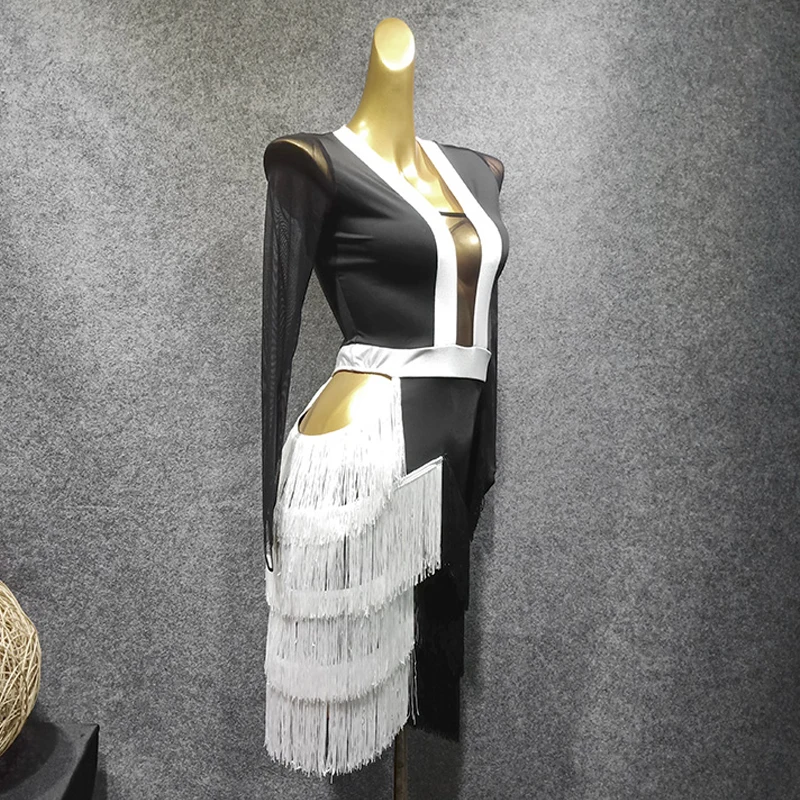 Dress Латинское танцевальное платье женские черные и белые кисточки танцевальный костюм Фламенго Румба танцевальное платье для спортивных танцев платье VDB1035 - Цвет: Dress