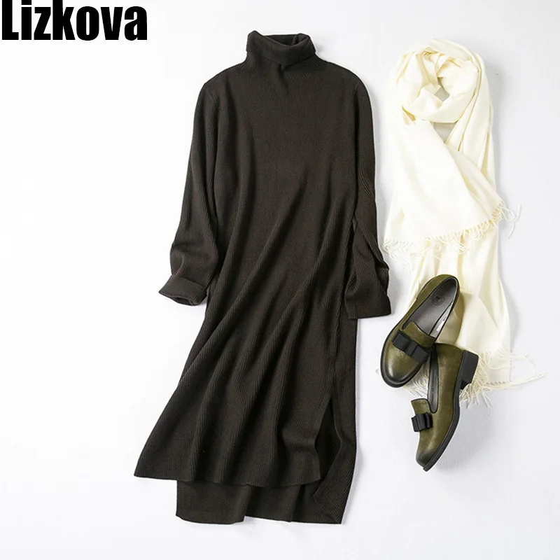 Осень 2019 черное платье свитер с высоким воротником однотонное смешивание шерсти
