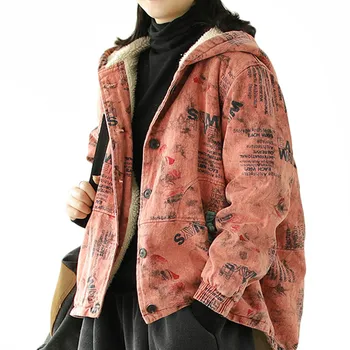 

YSBFALNZ Winter European Fashion Ladies Punk Clothes Womens Floral Hooded Padded Coats Casual Fur Jackets Female Thicken Parkas