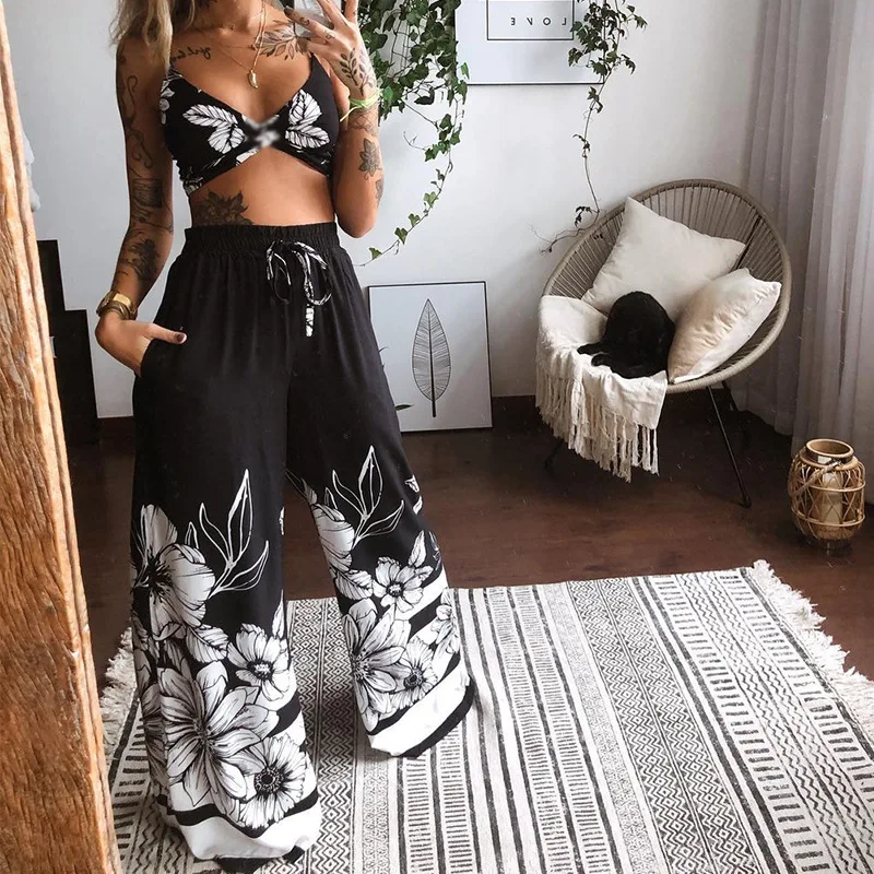 Women Pants Sets Butterfly Print Drawstring Twisted Tube Top Loose Wide Leg Ladies Suit Summer Sleeveless Beach Female Outfits capri pants