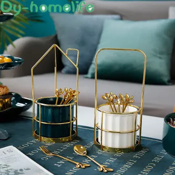 

Creative Restaurant Dessert Fork Spoon With Handle Ceramic Multifunctional Storage Tank Household Fruit Fork Storage Bucket