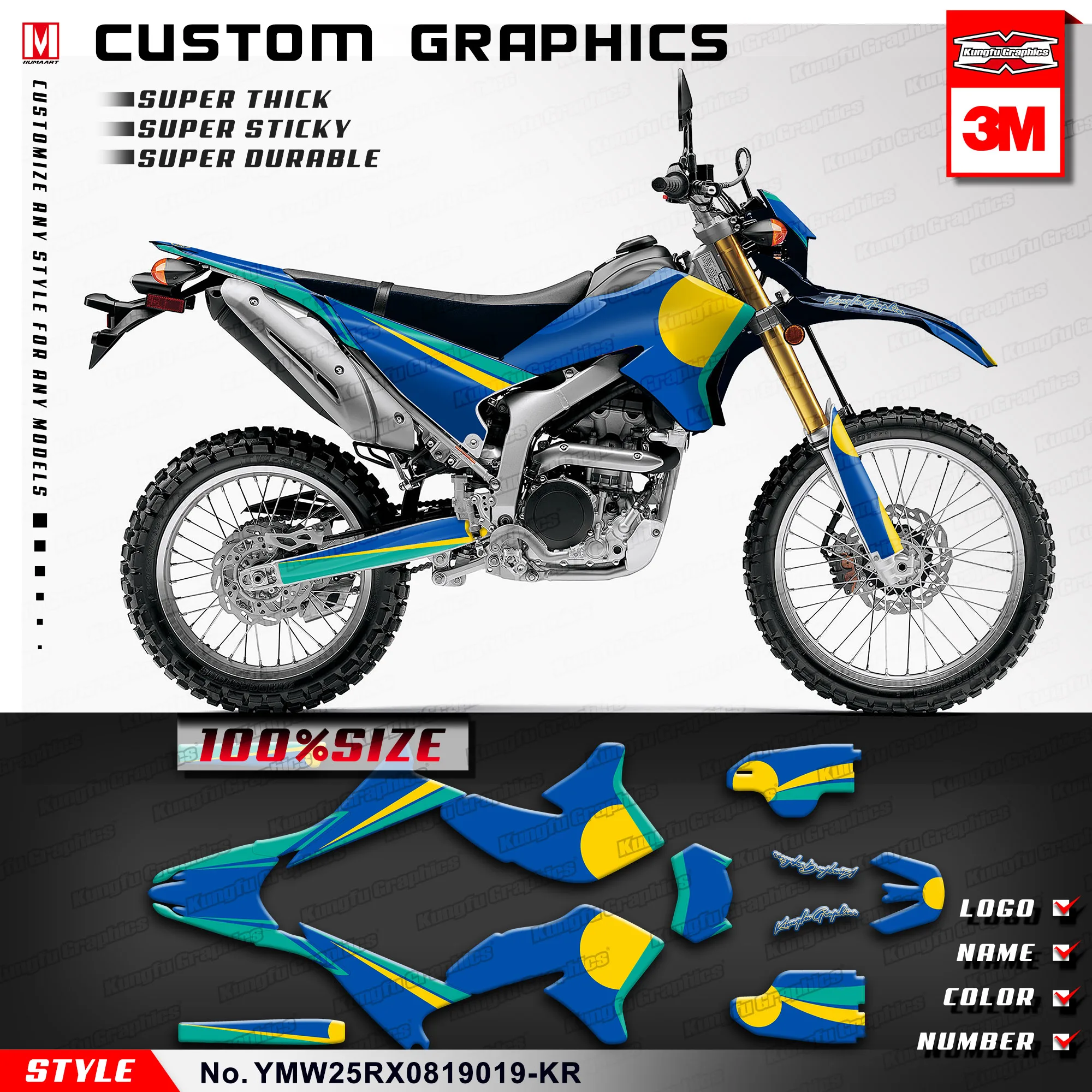 

KUNGFU GRAPHICS Custom Vinyl Stickers MX Bike Decal Wrap for Yamaha WR250R WR250X 2008 to 2019 Blue (Style no.YMW25RX0819019-KO)