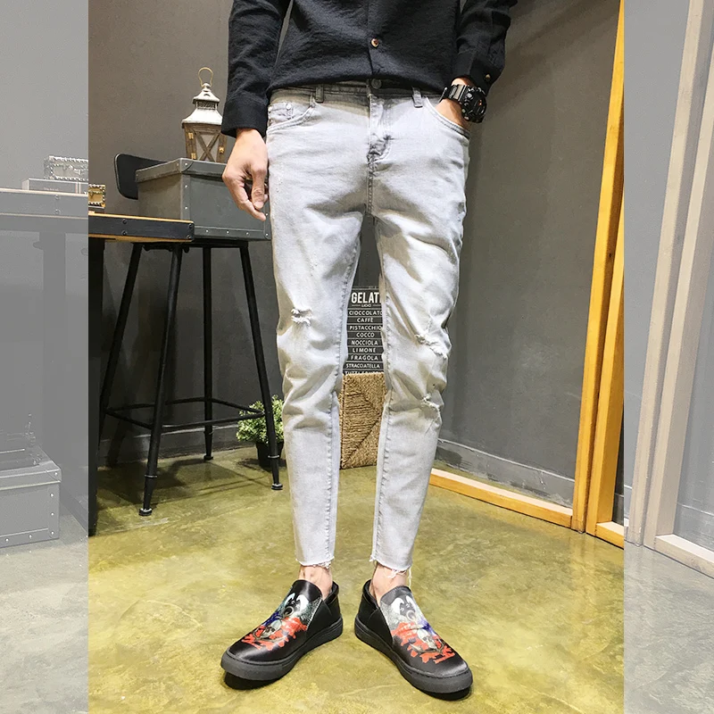 

Nice Spring And Summer Pop Korean Version Of The Tide Simple Loose Tight Elastic Social Wind Casual Retro Hole Jeans Size 29-37
