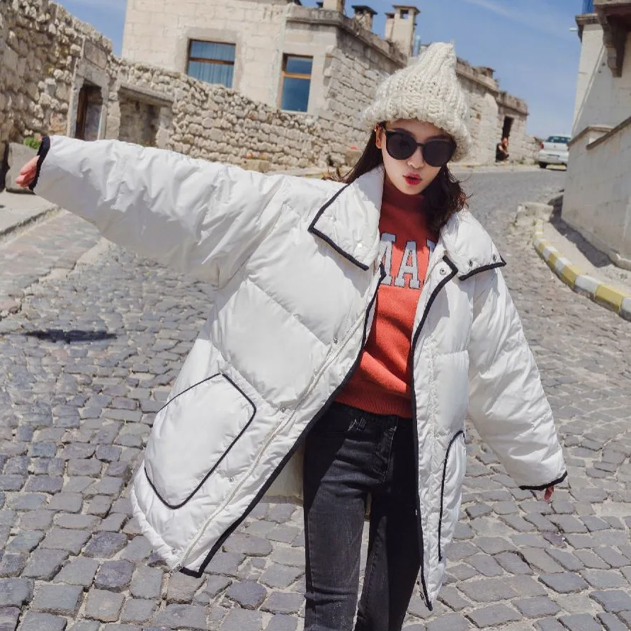 

Photo Shoot INS Graceful Contrast Color Binding down Coat Women's Loose-Fit Warm Deconstructable Fold-down Collar Loose-Fit Cott