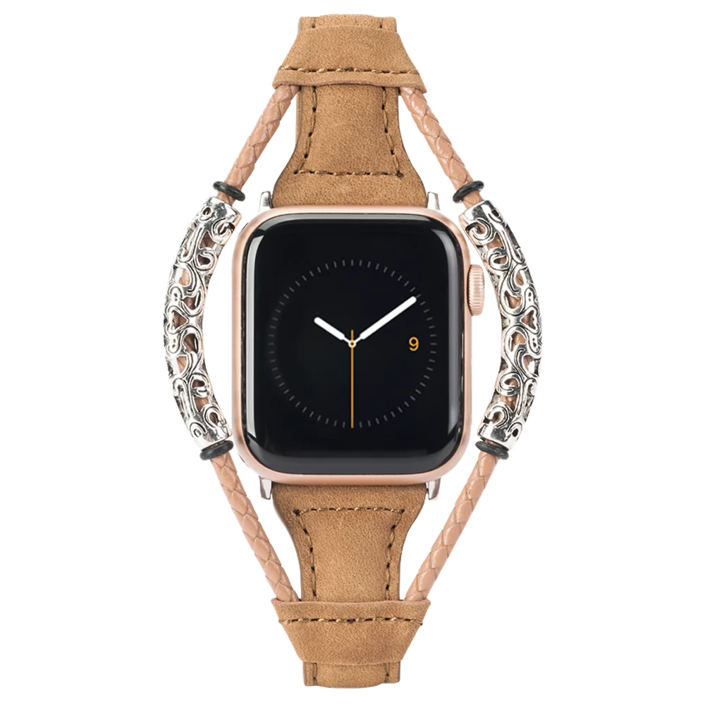 DBrown Кожаный ремешок для Apple Watch Band для женщин тонкий переплетение двойное кольцо браслеты Замена Группа аксессуары для iwatch 4/3/2/1 - Цвет ремешка: DBrown