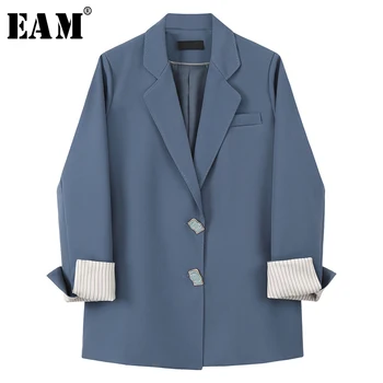 

[EAM] Women Gray Striped Split Joint Leisure Blazer New Lapel Long Sleeve Loose Fit Jacket Fashion Spring Autumn 2020 1X217