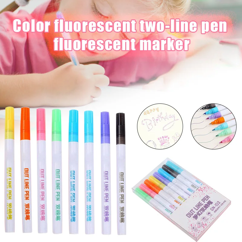 8pcs Fluorescent Pens Double Line Contour Color Marker Pen for Writing Drawing Painting FKU66