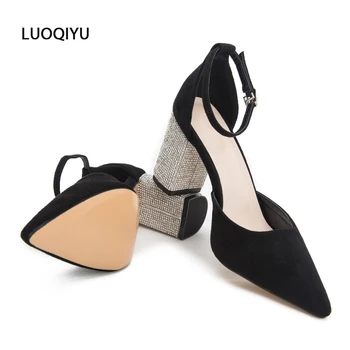 

Flock Women High Heels Pointed Toe Sequined Rhinestone Heel Chunky Heel Sandals Large-Size 36-43 Ladies Pumps Black Dress Shoes