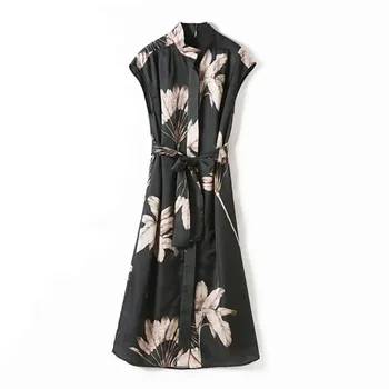 

Women Retro Shirt Dress 2020 New Spring Summer Stand Neck Printing Ladies Elegant Midi Dresses With Sashes