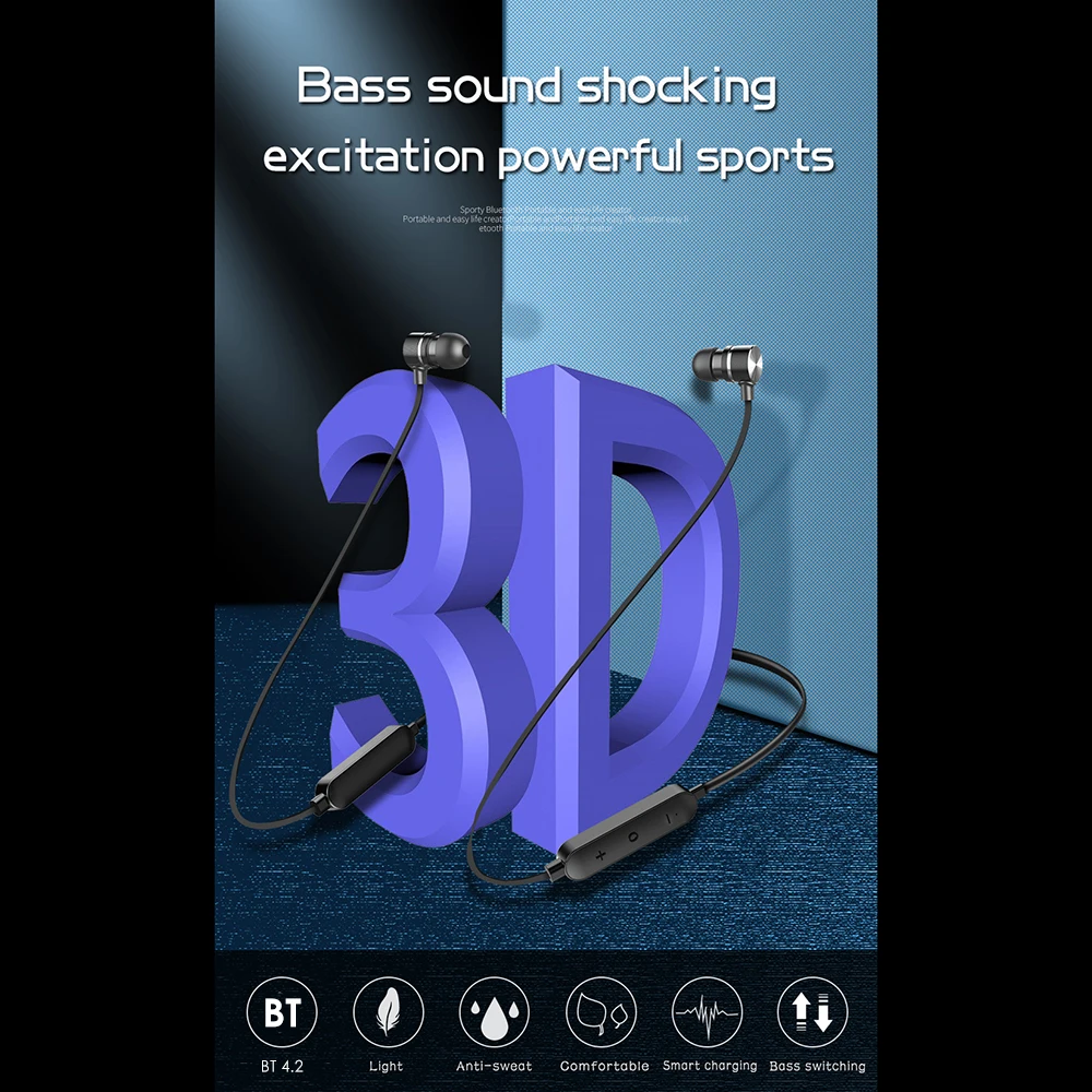 Беспроводная bluetooth-гарнитура, 3D, тяжелый бас, водонепроницаемые, с магнитным управлением, шейные наушники, портативные спортивные наушники