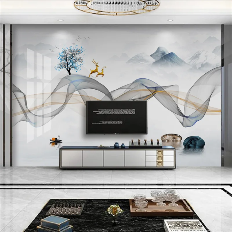 

Большой 3d-фреска wellyu на заказ, новинка, современный минималистичный новый китайский абстрактный чернильный пейзаж, Дымчатая линия, фоновые обои