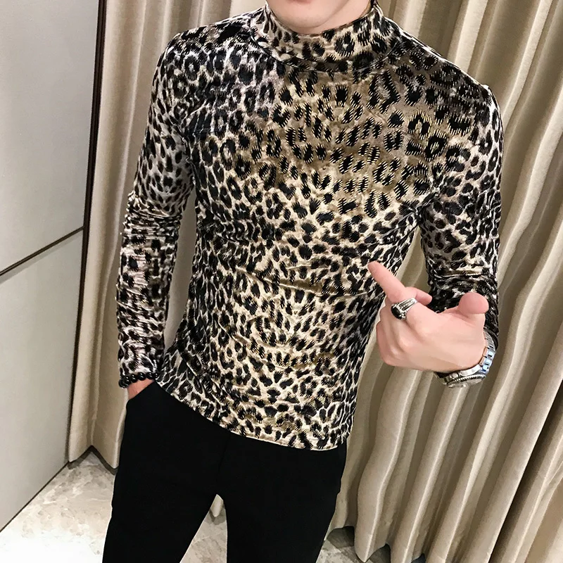 С бриджами леопардовым принтом водолазка Для мужчин Slim Fit бархат футболка Для мужчин с длинным рукавом осень обувь для ночного клуба уличная мода, вечеринки футболки Homme