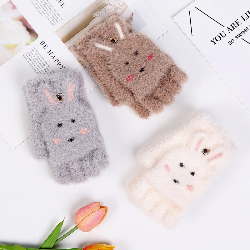 

2019 new half-finger gloves cartoon rabbit flip gloves in autumn and winter female imitation mink velvet gloves
