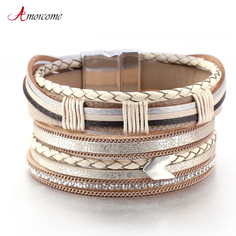 Amorcome богемные плетеные кожаные браслеты-манжеты для женщин Кристалл Бохо широкий браслет обруча и браслеты Femme ювелирные изделия подарок