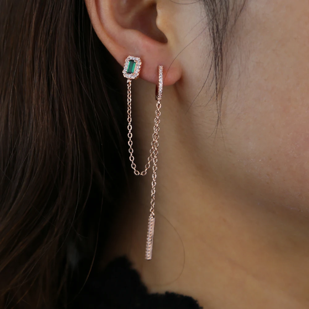 double piercing silver color rose gold clear green rectangle cubic zirconia long chain tassel earring 2020 new 5