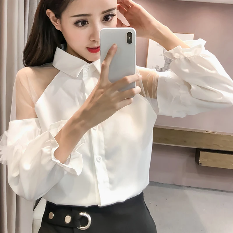 

Magiray Mesh Ruffle Cold Shoulder Long Sleeve Blouse Women Korean Elegant White Black Shirt Sexy Streetwear Femininas Lady Top
