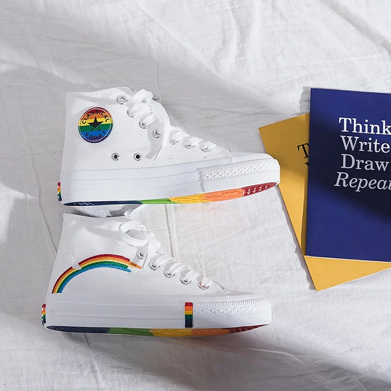 

Korean spring new rainbow color trendy elegant style student fashion Harajuku flat High help round toe Women's canvas shoes