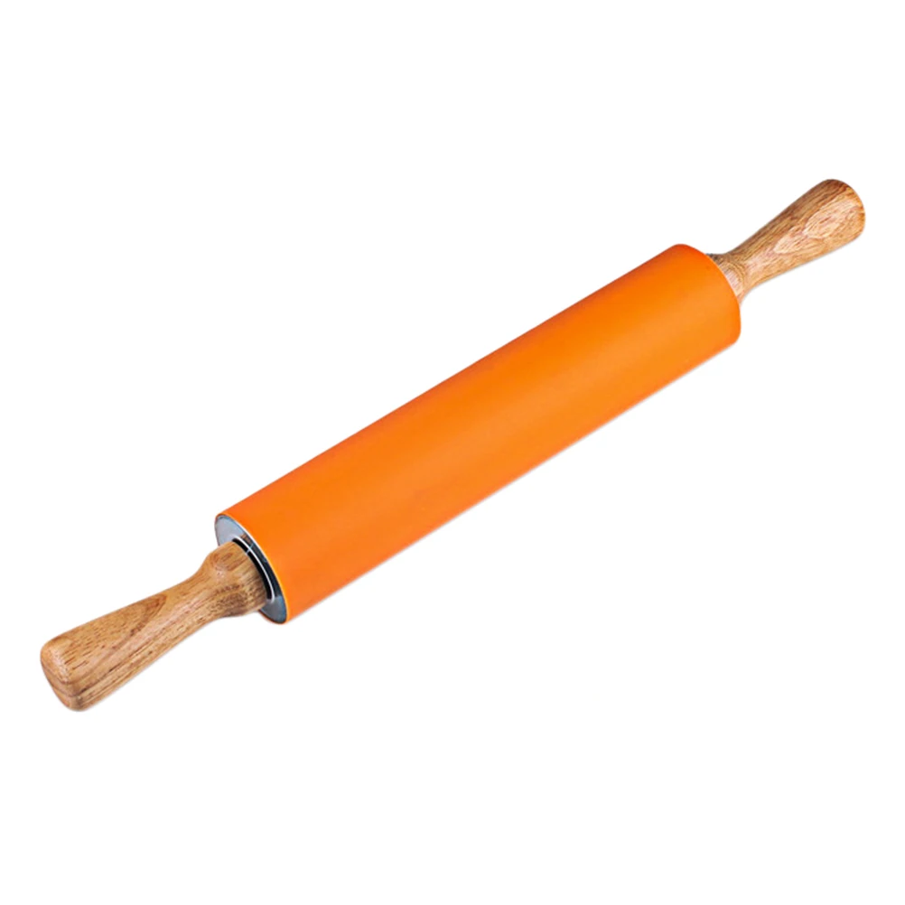 1pc Silicone Rolling Pin 38cm Non-Stick Wooden Handle Kitchen Tool For Pastry Dough Cookie Accessories Color Random