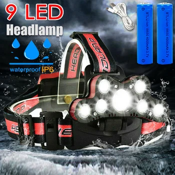 

Super Bright 9 LED Headlamp T6 LED Light Ultra Bright Headlight USB Rechargeable Waterproof Fishing Hunting Camping Flashlight