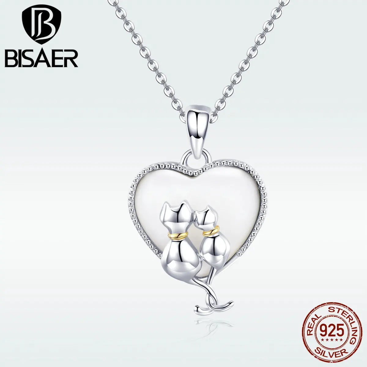 BISAER, ожерелье в виде ракушки, 925 пробы, серебряное, сопроводительное, кошка в Луне, сердце, подвеска в виде ракушки, ожерелье для женщин, для свадьбы, GXN297