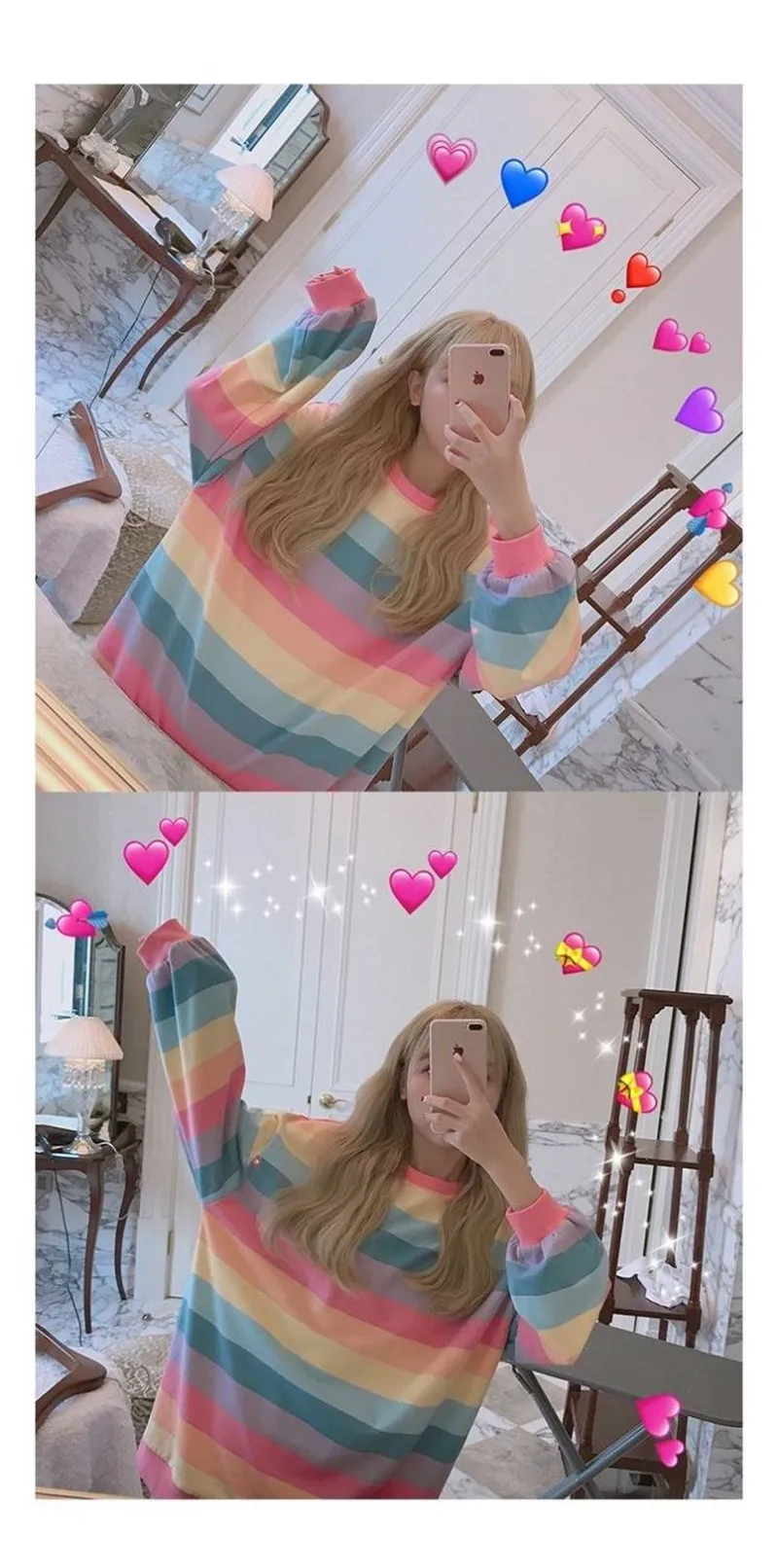 Осенняя Ulzzang, шикарная Повседневная Женская Полосатая футболка с длинным рукавом, радужная Женская свободная футболка Харадзюку, уличная женская футболка