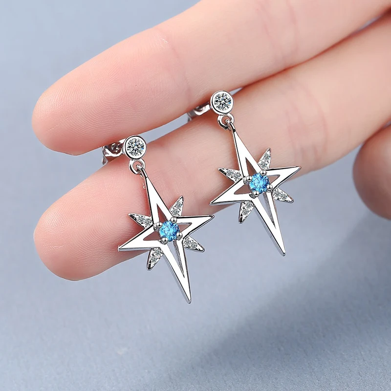 Nowe mody kolczyki wiszące w kształcie gwiazdki dla kobiet niebieski Cubic cyrkon Flash geometryczne dynda kolczyk Stud Piercing biżuteria dodatki na imprezę