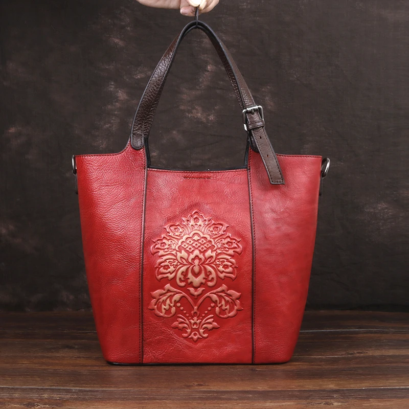 

Women Genuine Leather Top Handle Bags Large-Capacity Handbag Flower Retro Embossed Female Tote Shoulder Shopping Bag