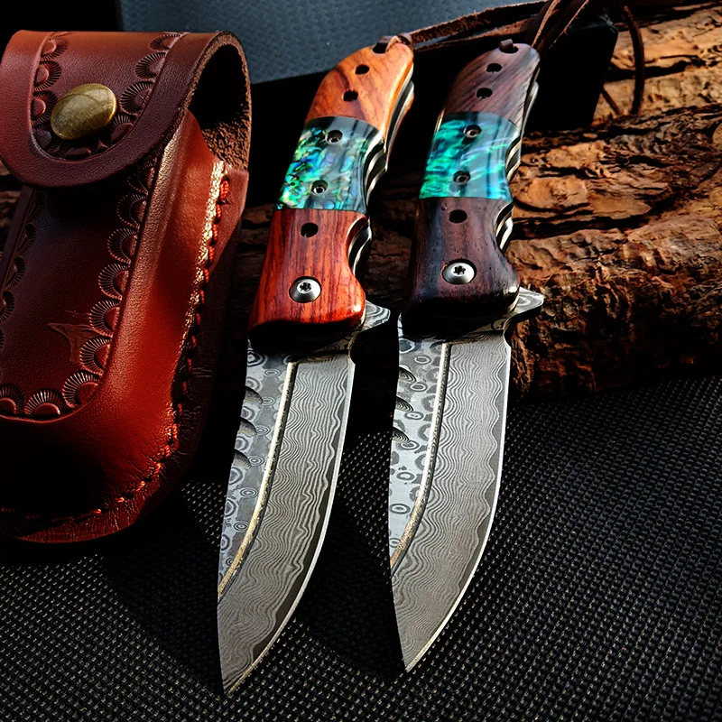 

Tactical knife rosewood Damascus steel mini folding pocket knife Manual outdoor portable utility knife EDC tools Free shipping