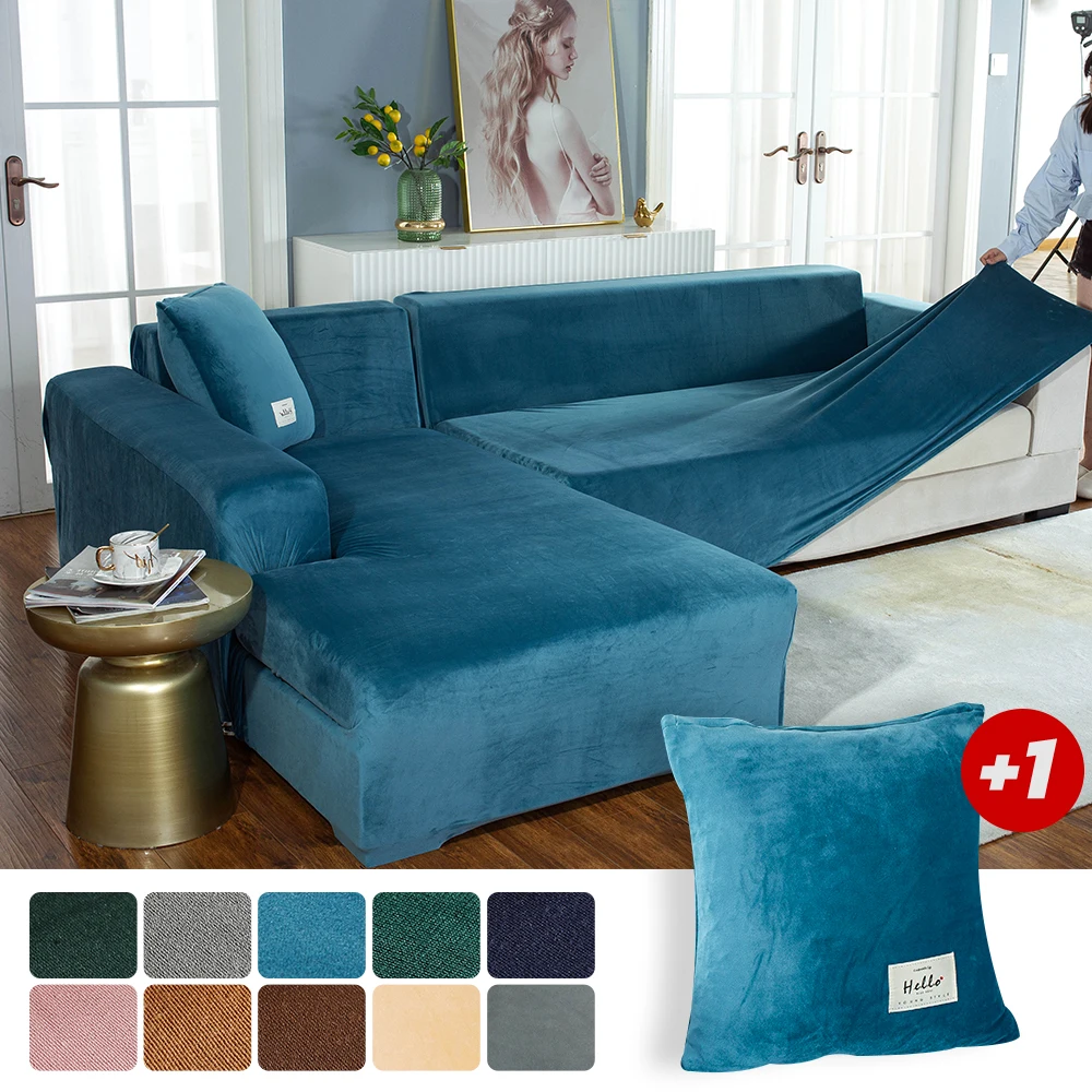 Plush Sofa Velvet Elastic Corner Sectional Couch Covers 1 2 3 4 Seats 