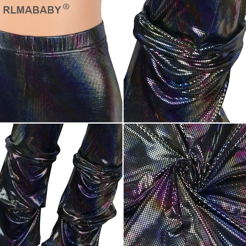 RLMABABY сексуальные блестящие брюки с высокой талией женские брюки осень зима плиссированные с рюшами повседневные женские брюки уличная одежда брюки в стиле хип-хоп