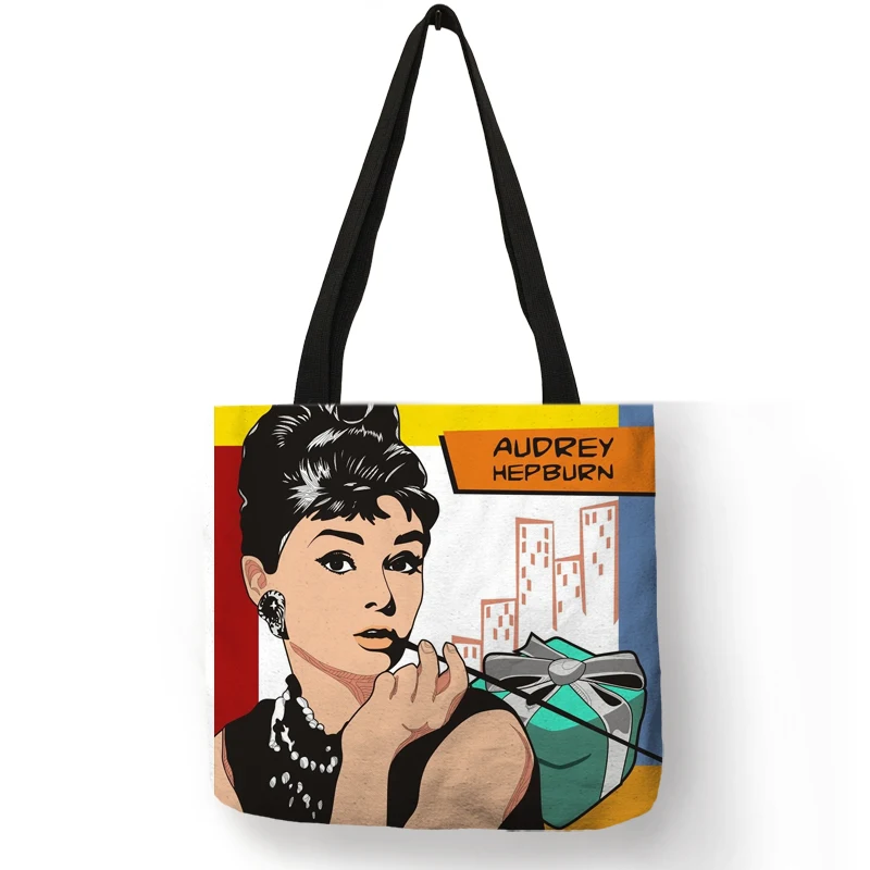 Unique Customize Tote for Women Eco Linen Shopper Bag with Audrey Hepburn Print Reusable Shopping Bags Ladies Fashion Handbag 