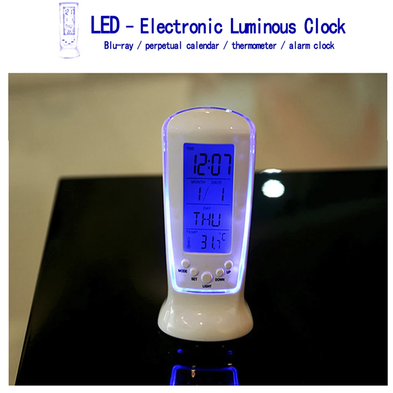 

Electronic Desktop Music Clock Digital Alarm Clock with Blue Backlight LED 2019 Table Clock Watch Snooze Calendar Thermometer