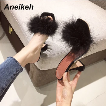 

Aneikeh NEW Summer Fluffy Terlik Gladiator Fashion Sandals Sexy Shoes Woman High Heel Peep Toe Party Thin Heels Pumps Size 35-42