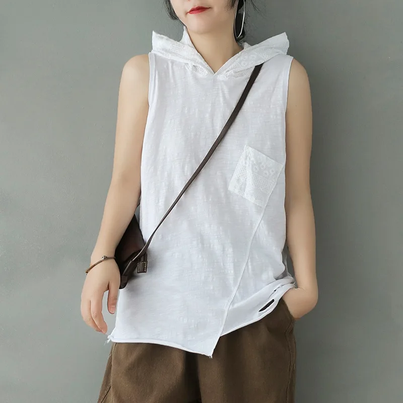 Flower Embroidery T shirts for women Bamboo Cotton Hole Splicing Sleeveless Tops and pullovers female harajuku Free Size Hooded | Женская