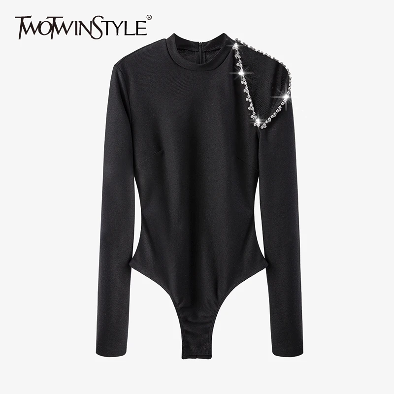 TWOTWINSTYLE Hollow Out Diamond Bodysuit For Women O Neck Long Sleeve High Waist Minimalist
