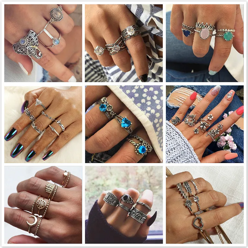 

1 Set Sell Starry Night Shining Vintage Knuckle Rings for Women Geometric Flower Crystal Ring Set Bohemian Jewelry 25 Set
