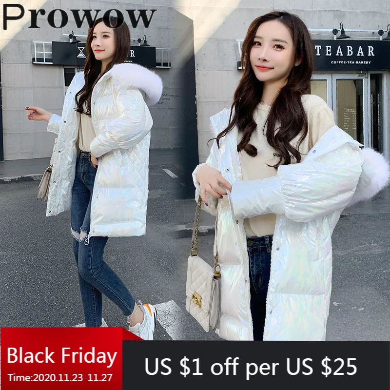 

Prowow Winter Female Glossy Parka Down Cotton Coat loose High Warm Jacket casual fashion Overcoat Hoodie Outerwear