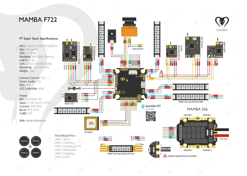 Diatone Мамба F722S Betaflight стека контроллера полета OSD 5/9V 2A BEC и 50A с диагональю экрана 3-6S Blheli_32 Dshot1200 бесщеточный ESC дрона с дистанционным управлением
